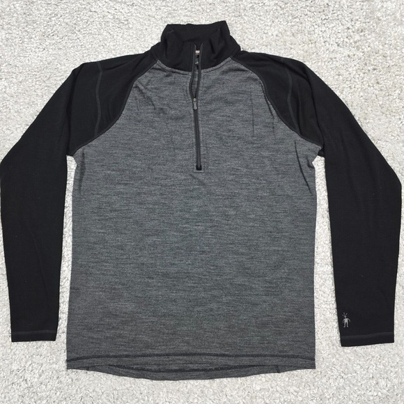 Smartwool Shirt Mens Large Gray Black 1/4 Zip‎ Long Sleeve Pullover Stretch Wool - Picture 1 of 12